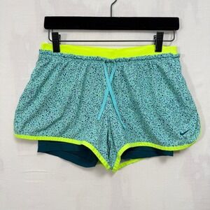Nike Shorts Womens M Teal Neon Dri-FIT 2-in-1 Running Speckled Print